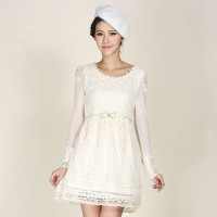 瑷尔玛丝秋季新款 修身网纱长袖连衣裙 白色蕾