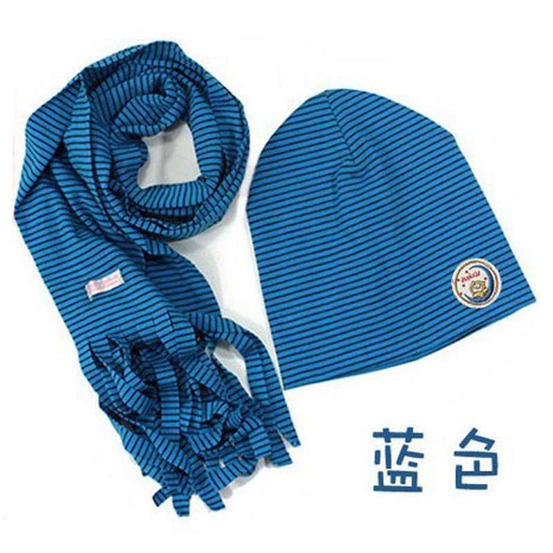 公主妈妈彩条纹贴标棉布儿童帽子围巾两件套 蓝色 均码