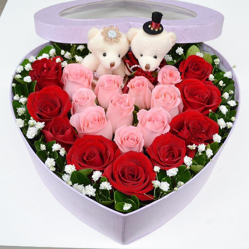 五二零 鲜花速递全国送花生日礼物 19朵红粉香槟玫瑰混搭礼盒花束预定