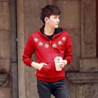 男士红色青少年长袖连帽卫衣开衫外套时尚休闲