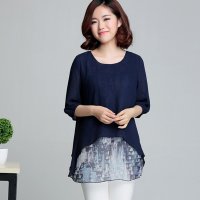 娜芙2016夏装大码女装假两件中长款雪纺衫女