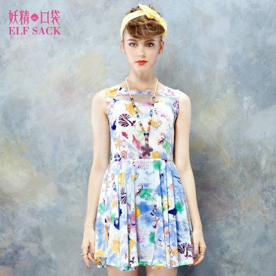 妖精的口袋  1427067中腰海洋印花拼欧根纱连衣裙  59.6元（79.6-20券）
