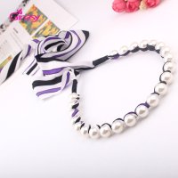 卡发饰 夏款布艺珍珠手编雪纺碎花飘带发箍 发