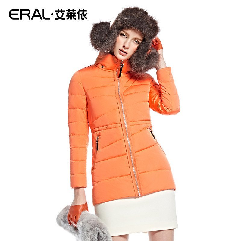 艾莱依2015冬新款中长款雷锋帽羽绒服加厚 保暖女款外套ERAL6065D 165/88A/L 香橙色