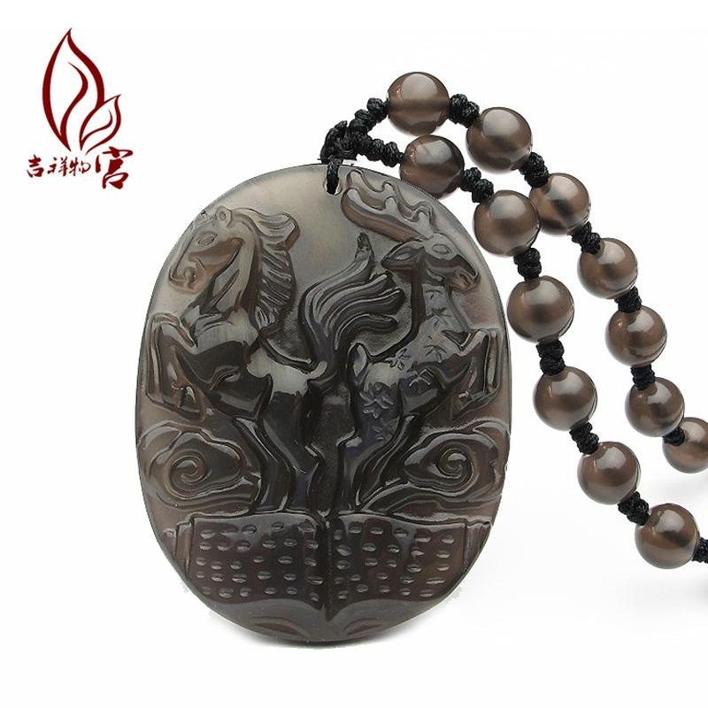 【宫妃系列】宫妃开光天然黑曜石吊坠 禄马交