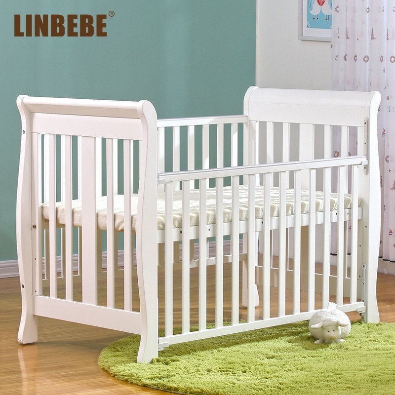 霖贝儿(LINBEBE)安迪骑士系列多功能白色婴儿床欧式简约宝宝床高档bb床送短护栏可变儿童床高度可调节松木床