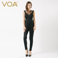 VOA新款黑色高端真丝连体裤休闲长裤女新修