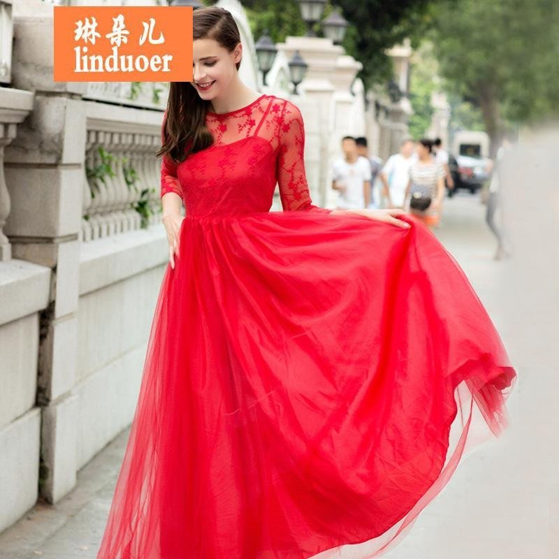 琳朵儿2016夏季红色绣花连衣裙复古蕾丝网纱大红裙子新娘大摆长裙礼服