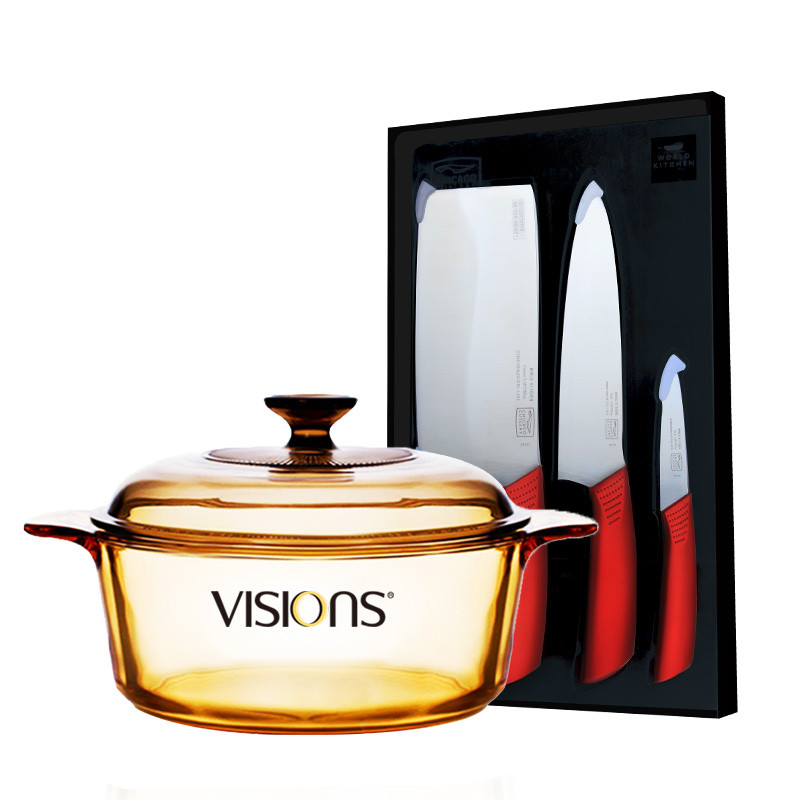 康宁(VISIONS)锅具套装VS12晶彩透明玻璃汤锅耐高温1.25L+康宁芝加哥刀具组合