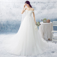 婚纱礼服2016新款一字肩A字裙婚纱拖尾新潮白