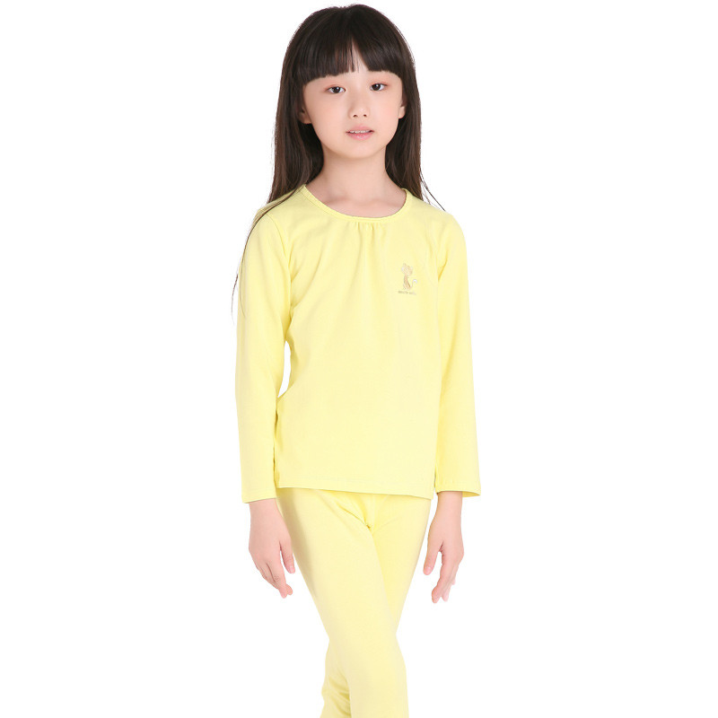 猫人儿童 女童纯棉莱卡套服女孩保暖家居服套装KU247003 140cm 嫩黄