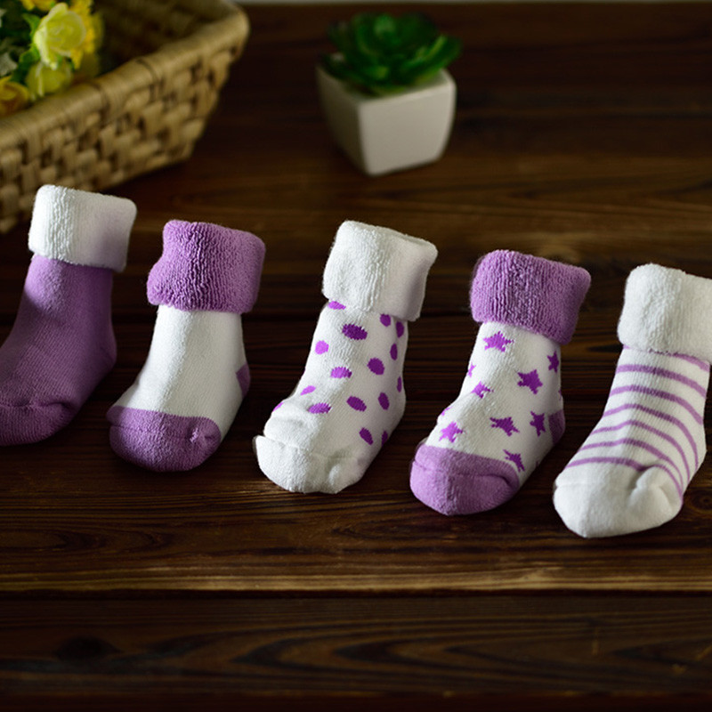5双婴儿秋冬全棉可爱松口毛圈袜 新生儿宝宝0-1-3岁加厚保暖袜子 0-4个月(脚长4-6CM) 紫色冬款加厚5双装