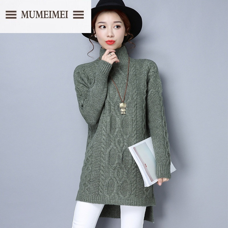 MUM2017春季新款女高领纯色毛衣宽松中长款