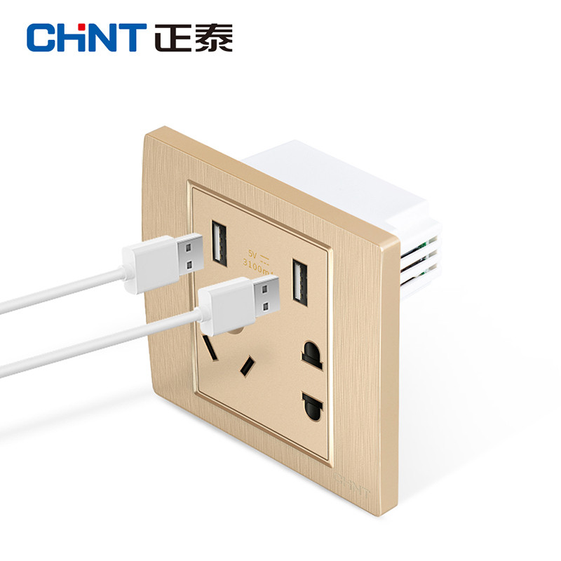 正泰(CHNT)电工86型PVC材质墙壁开关插座面板 NEW7L拉丝金色电源插座面板 双USB五孔 7L拉丝金