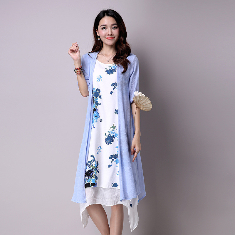 娇诗朵2017 新款2017春款棉麻连衣裙亚麻两件