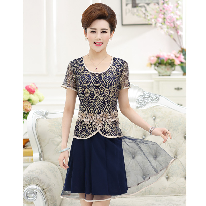 2017中老年宽松女装夏天蕾丝连衣裙女士中长