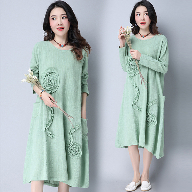 琳朵儿实拍春装复古棉麻连衣裙长袖民族风立体