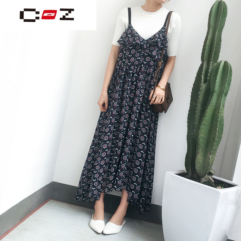 CZ潮流品牌2017春夏新款吊带碎花连衣裙森女