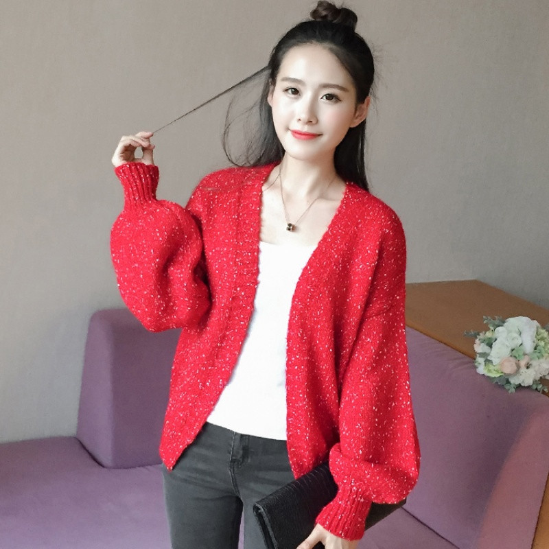 歌依图 模特实拍红色开衫毛衣春季2017韩版女