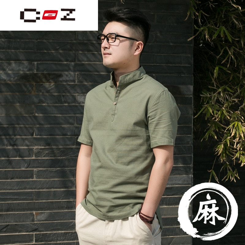 CZ潮流品牌中国风男装春夏复古亚麻短袖衬衫