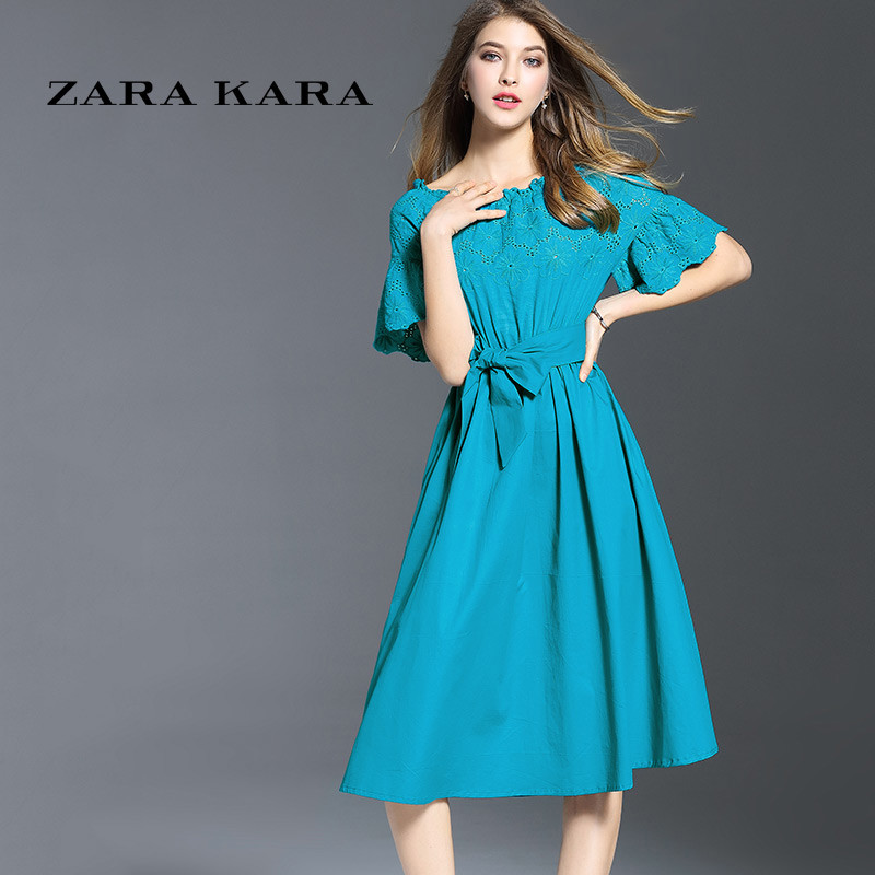 ZARA KARA2017春装新款女时尚细带蕾丝连衣裙收腰性感公主袖一字领裙子 XL 蓝色