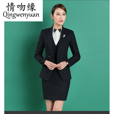 职业装春装新款四件套工作服女酒店经理西装套装 xl 蓝条纹(西装 半身