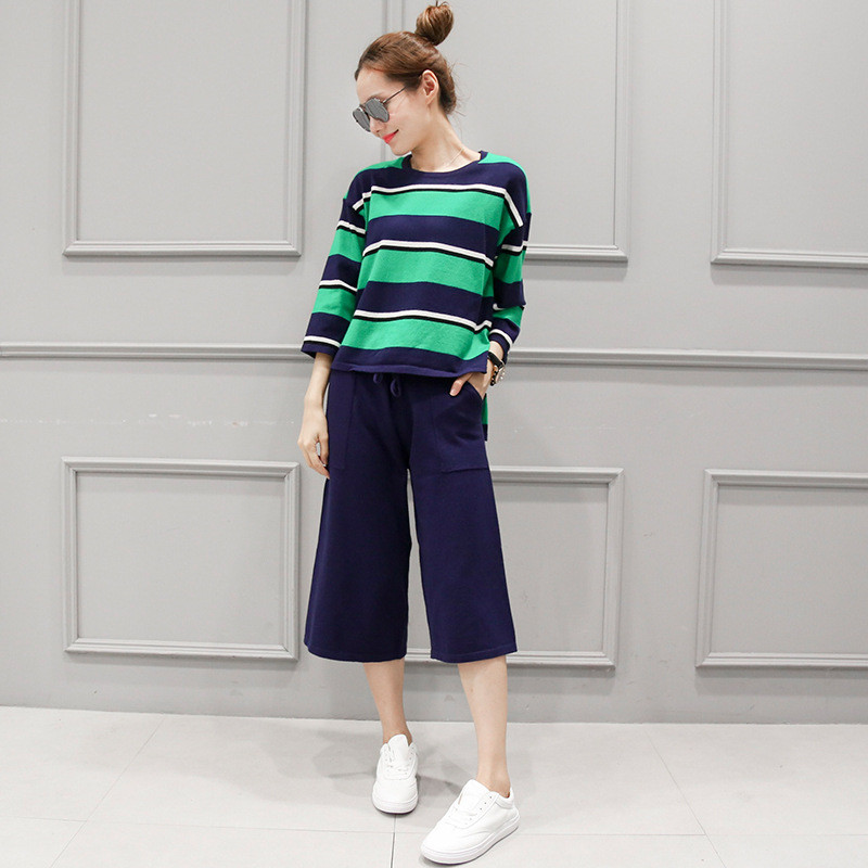 蔚缇秋装针织阔腿裤套装女针织上衣+九分裤阔