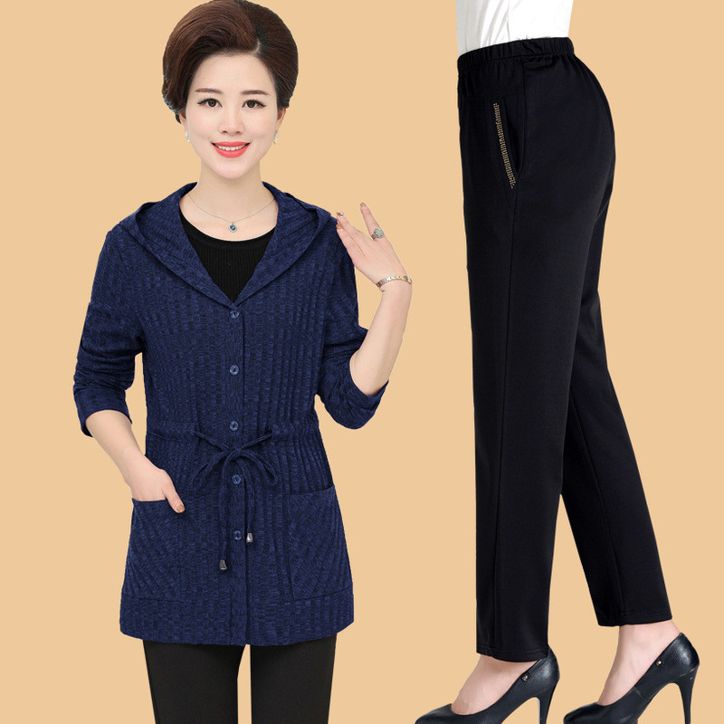中年女装秋装针织衫外套上衣裤子两件套中老年