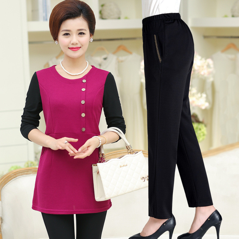 中老年女装春秋打底衫上衣裤子两件套40中年