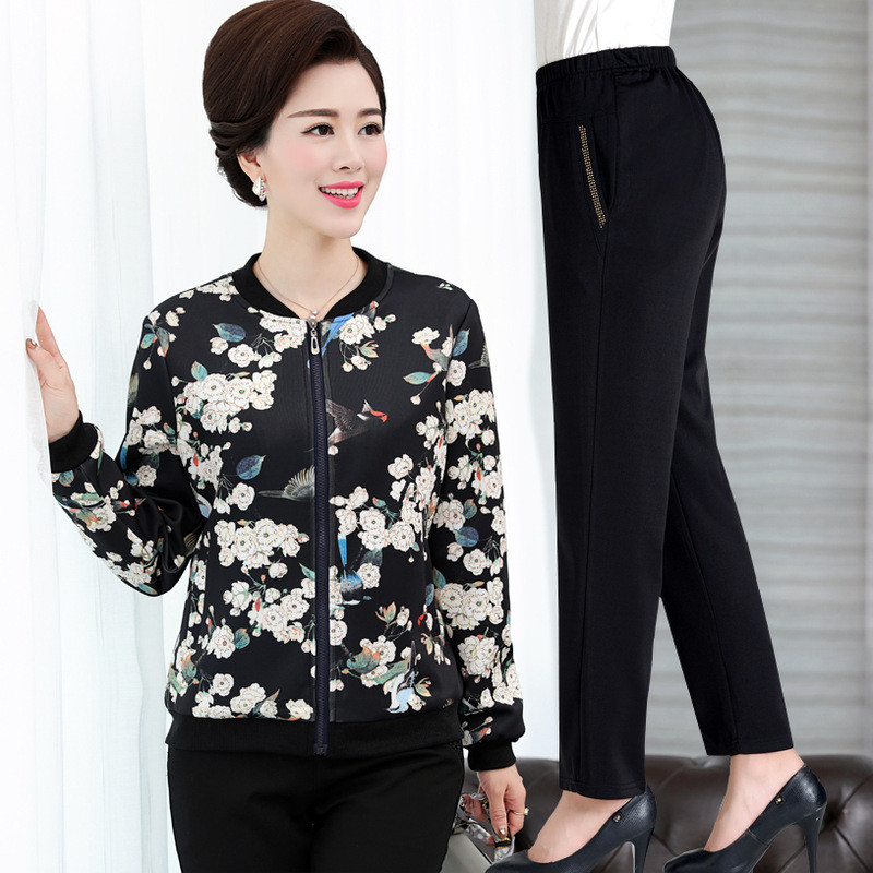 中老年女装春秋款夹克上衣长裤套装40中年妇