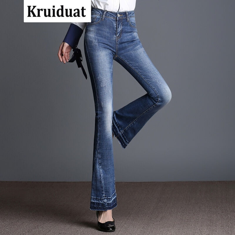 Kruidvat2017春装牛仔裤女弹力撞色毛边微喇裤