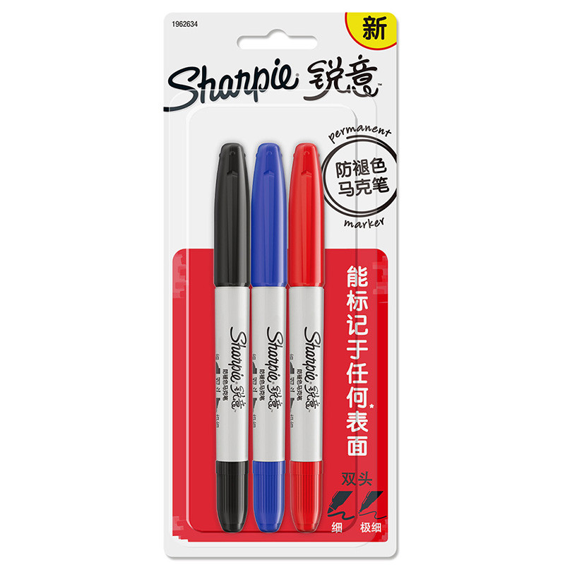 Sharpie 锐意防褪色马克笔双头黑蓝红吸塑卡片装3CT美术绘画笔 手绘 涂鸦 彩色水彩笔 画画笔 学生办公通用记号笔 黑色+蓝色+红色