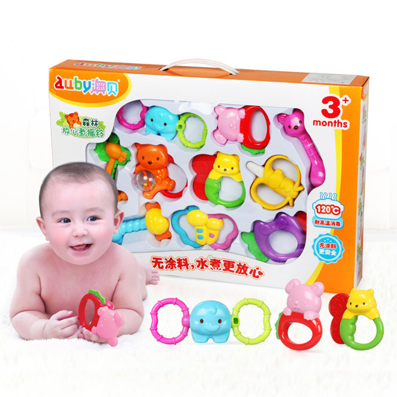 澳贝AUBY 婴儿玩具0-1岁婴儿牙胶 摇铃 儿童玩具 10只装放心煮摇铃牙胶礼盒461524