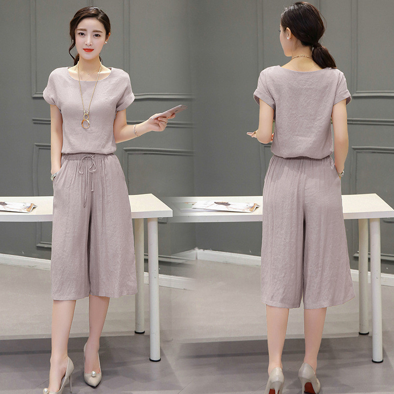 琳朵儿2017时尚棉麻2件套阔腿裤短袖棉麻服七