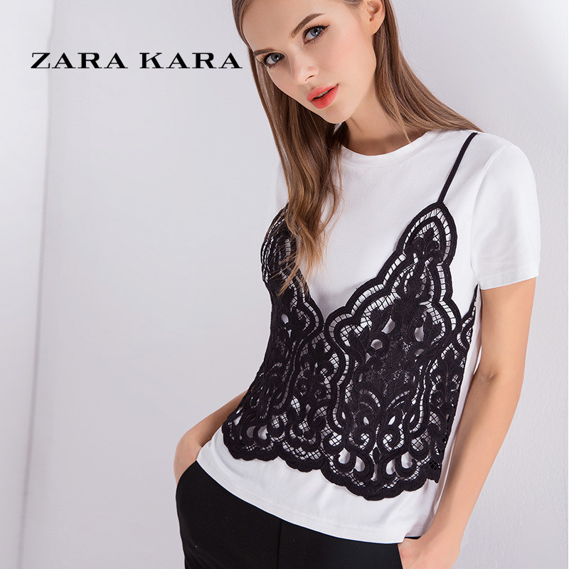 ZARA KARA黑色蕾丝假两件白色短袖上衣女夏