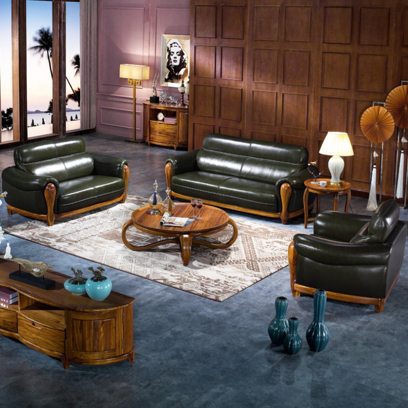 龙森家具 实木沙发乌金木沙发皮沙发现代中式组合沙发客厅家具 1+2+3