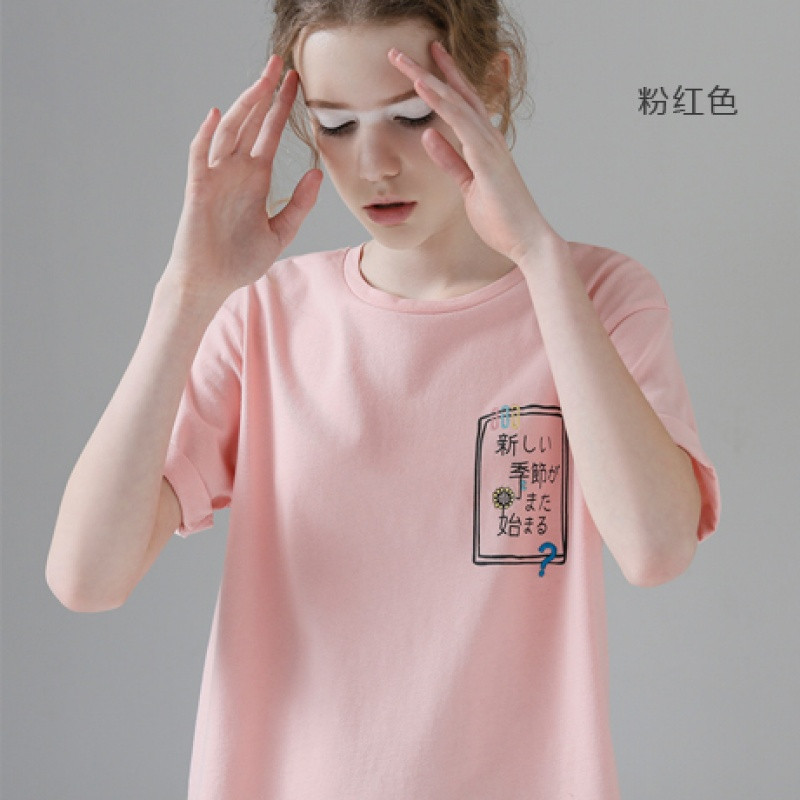 初语夏季新款日语字母印花圆领短袖纯棉T恤女宽松文艺百搭上衣 S 粉红色
