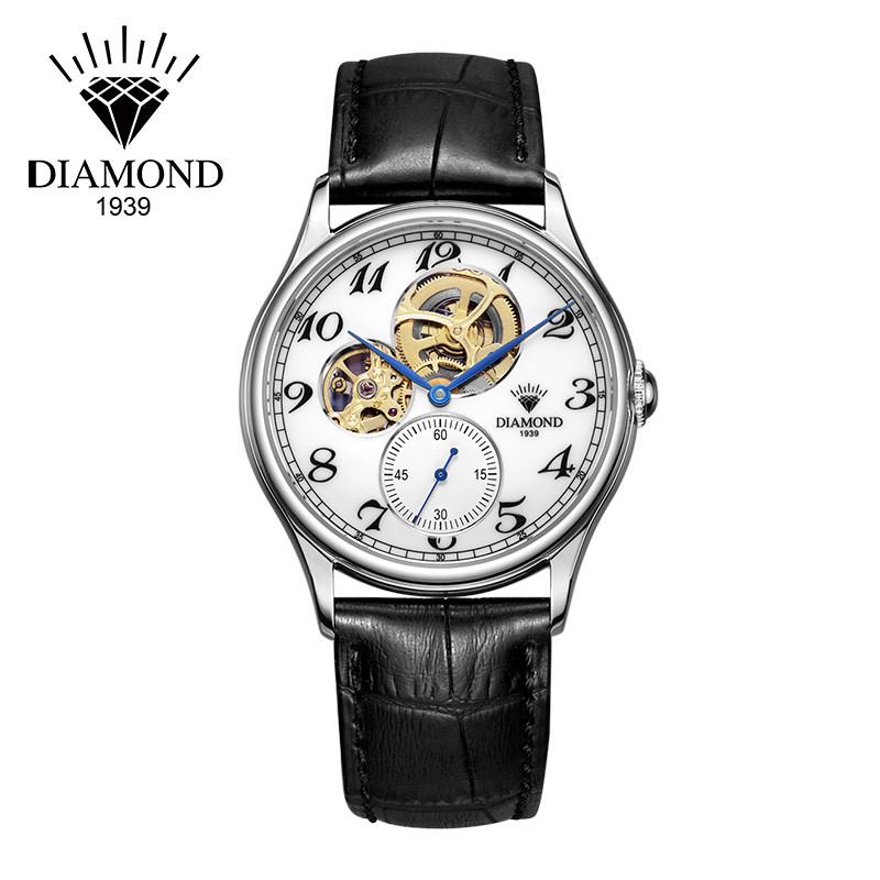 上海钻石牌（DIAMOND）手表男士自动机械大表盘精钢2301男士手表白面黑皮