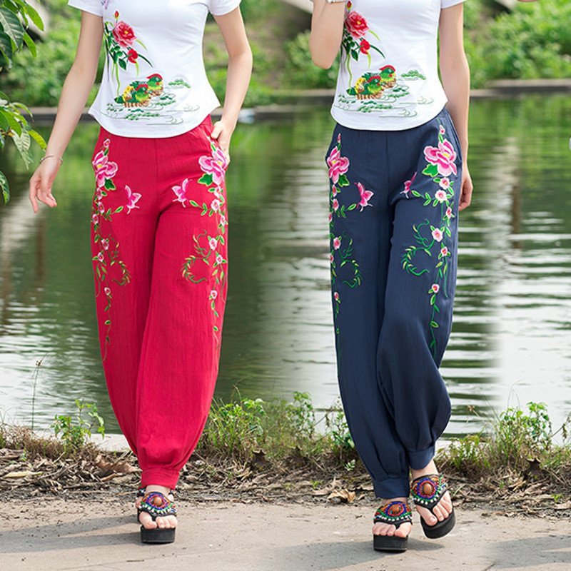 2017春装新款民族风绣花长裤复古灯笼裤小脚