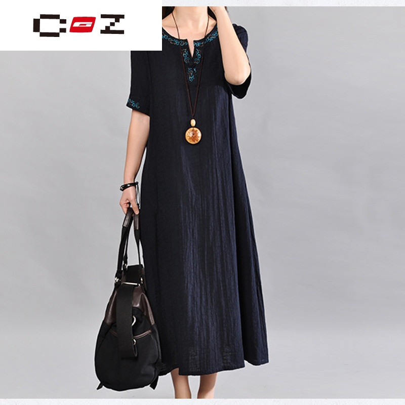 CZ潮流品牌棉麻连衣裙女夏2017新款短袖大码