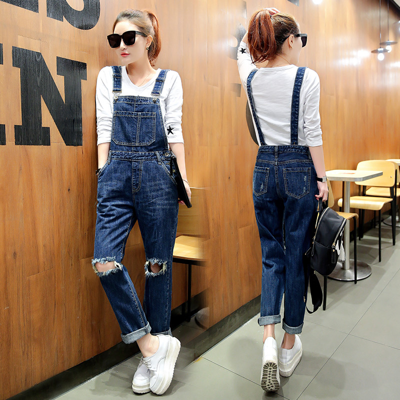 娉语春季新款韩版破洞牛仔背带裤女宽松大码直筒长裤牛仔裤连体裤学生
