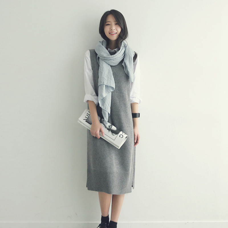 女套头圆领针织打底衫韩版学生中长款毛衣裙1