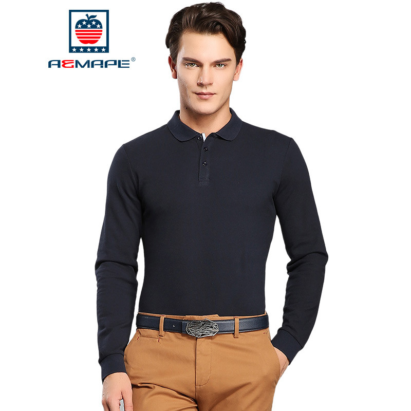 AEMAPE美国苹果 长袖t恤男士翻领Polo纯色休闲棉质新款长袖打底衫 170/M 宝蓝色