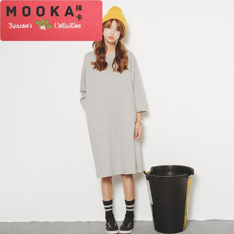 抹卡潮流秋季纯色宽松大版长款卫衣连衣裙女韩