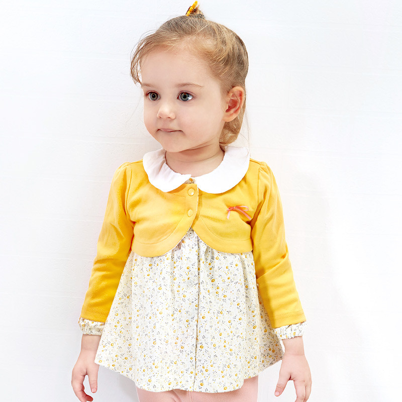 婴姿坊女童小碎花韩版连衣裙短款长袖小披肩童装两件套 80cm 黄色
