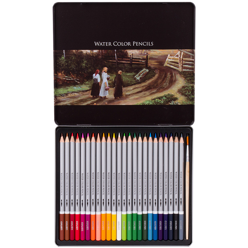 得力(deli)6521 24色水溶性彩铅铁盒装(内赠毛笔)秘密花园填色笔 儿童涂鸦绘画彩铅 彩画笔 涂色笔 画具画材 24色