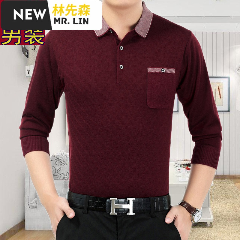 潮流男装爸爸长袖T恤纯棉中年薄款宽松翻领秋