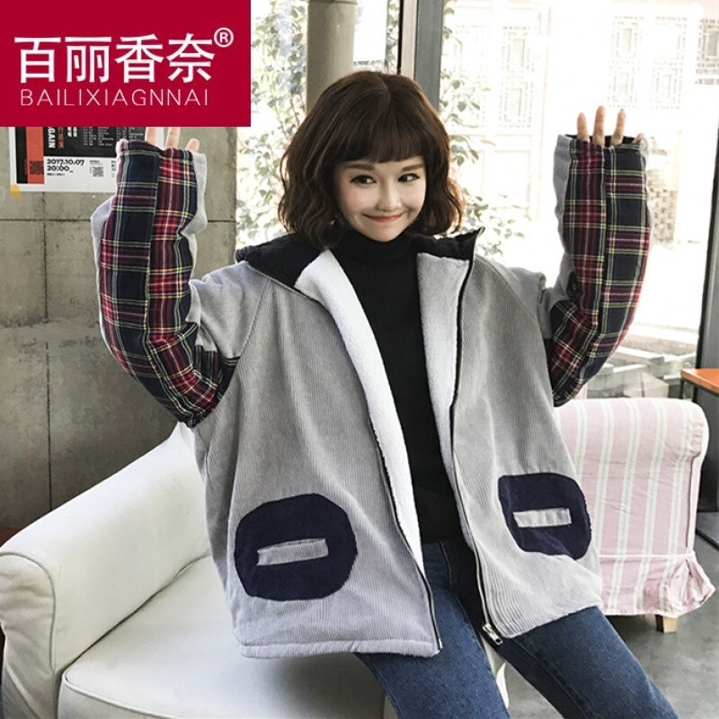 新款冬装新款韩版宽松加厚羊羔毛外套灯芯绒格