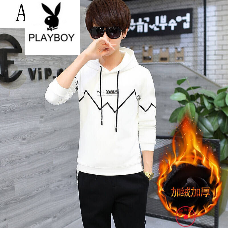 花花公子冬季新款假两件加绒加厚卫衣男宽松大