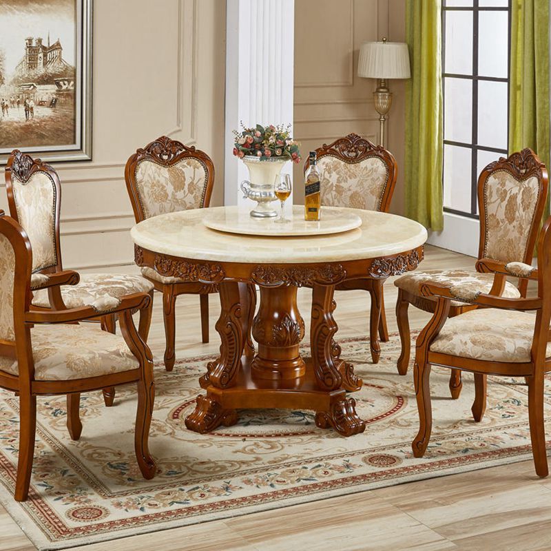 欧式大理石圆形餐桌 1.2米大理石餐桌+转盘+4把布边椅